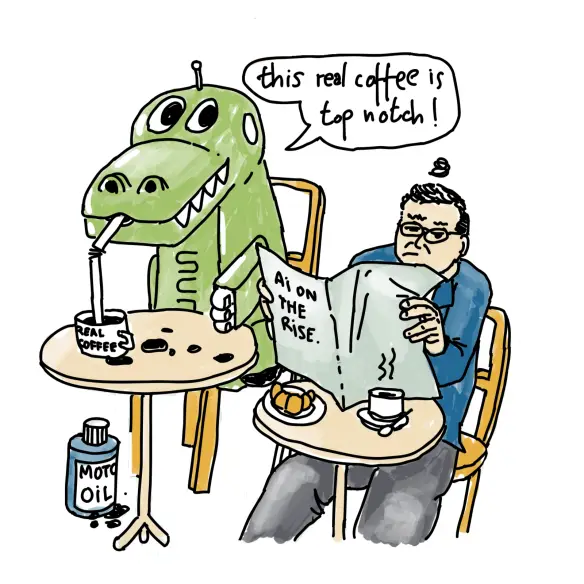 Self-portrait as the Sirius Crocodile mascot: a robot dinosaur sipping 'real coffee' at a café table, a bottle of motor oil left untouched on the ground, while a nearby patron reads a newspaper headlined 'AI on the rise.'